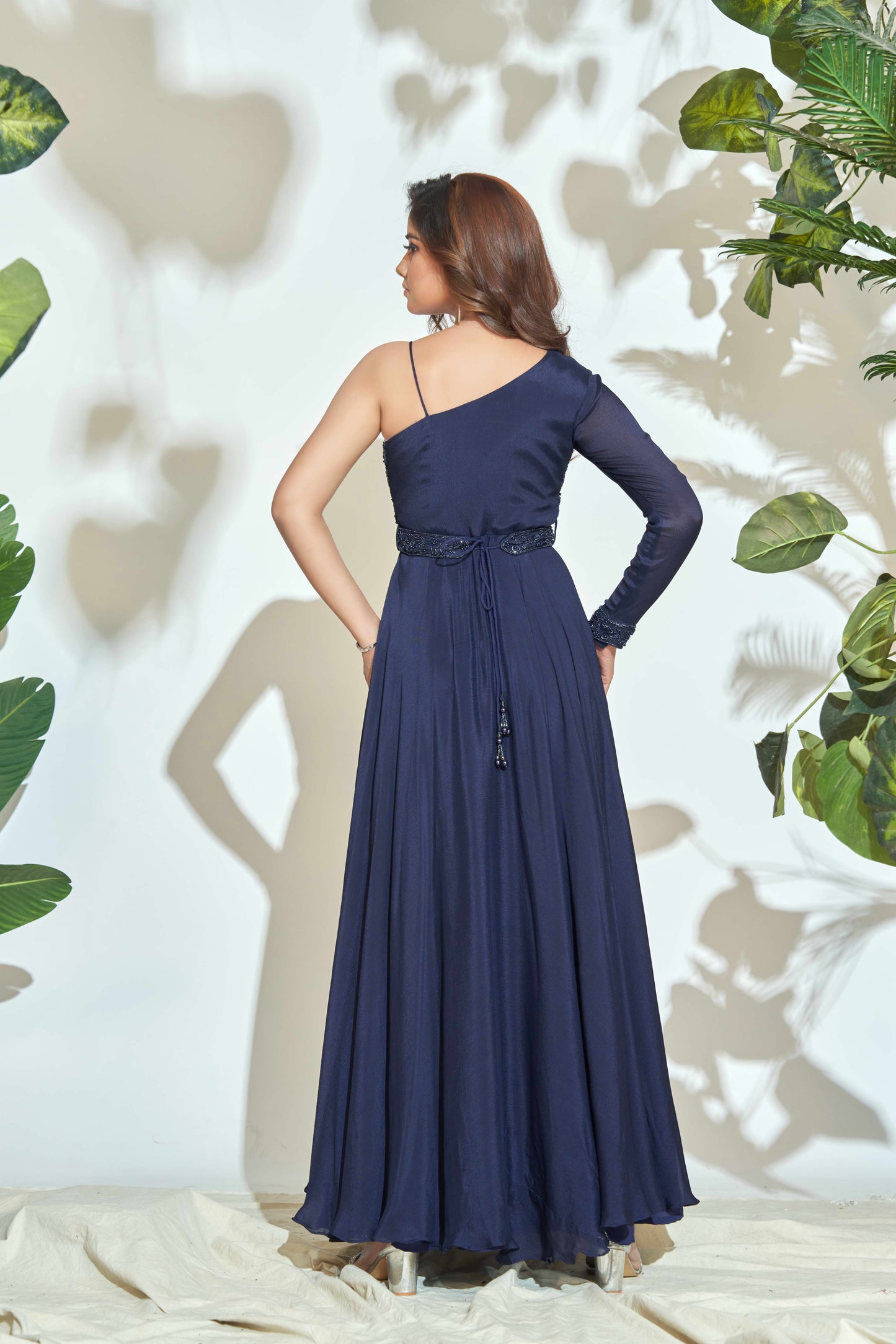 ONE SHOULDER NAVY BLUE INDOWESTERN GOWN WITH HAND EMBROIDERY