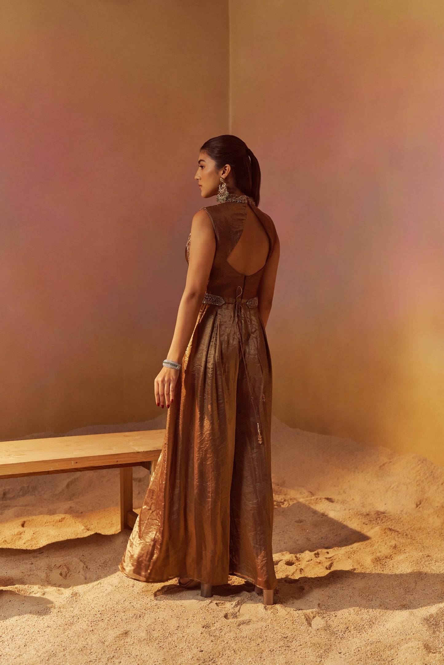 SHIMMER GOLD JUMPSUIT WITH ATTACHED JACKET WITH HAND EMBROIDERY