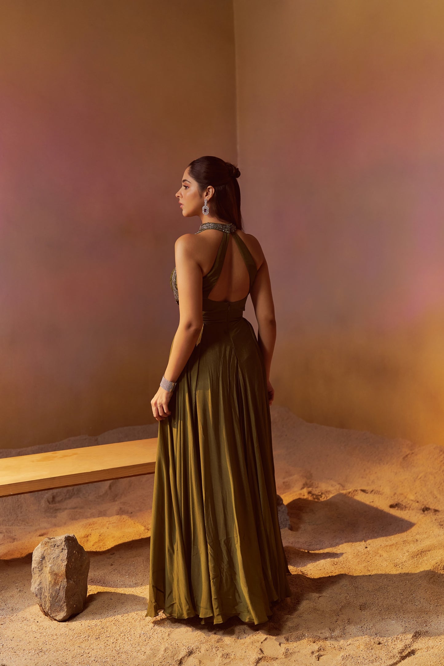 DUSTY OLIVE GREEN HALTERNECK INDOWESTERN GOWN WITH HAND EMBROIDERY