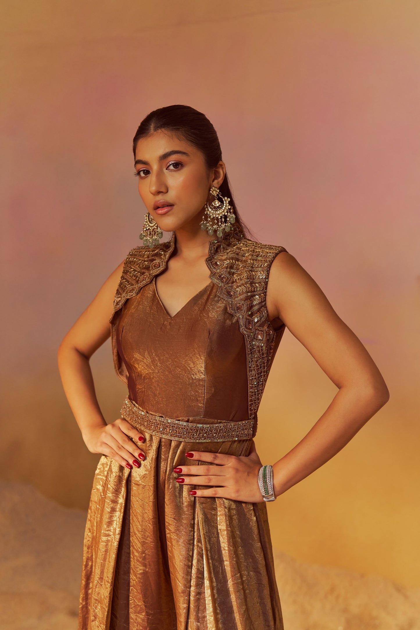 SHIMMER GOLD JUMPSUIT WITH ATTACHED JACKET WITH HAND EMBROIDERY