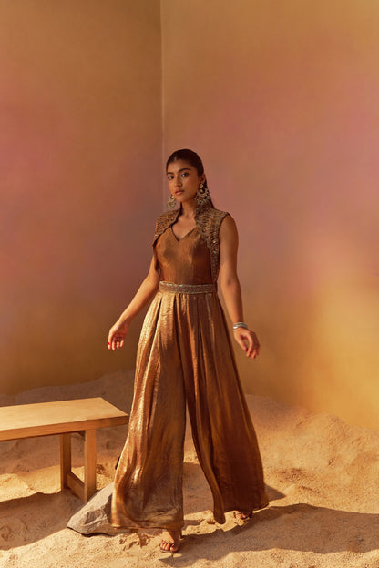 SHIMMER GOLD JUMPSUIT WITH ATTACHED JACKET WITH HAND EMBROIDERY