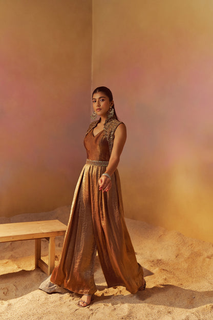 SHIMMER GOLD JUMPSUIT WITH ATTACHED JACKET WITH HAND EMBROIDERY