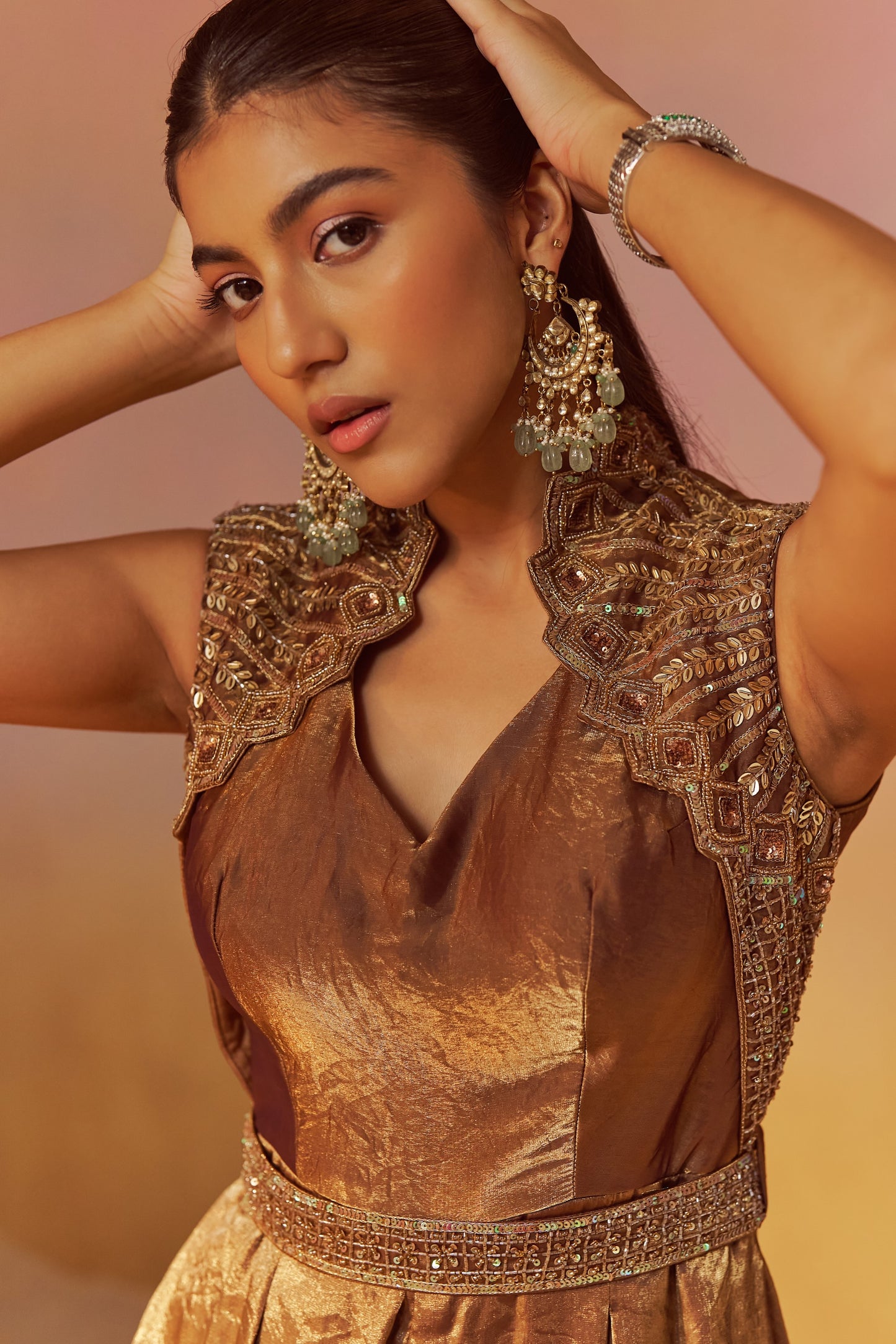 SHIMMER GOLD JUMPSUIT WITH ATTACHED JACKET WITH HAND EMBROIDERY