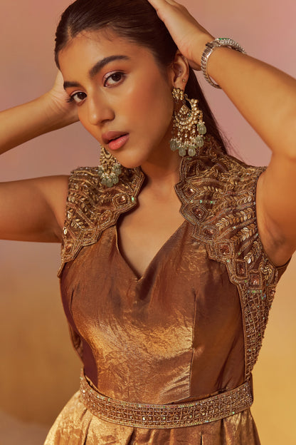 SHIMMER GOLD JUMPSUIT WITH ATTACHED JACKET WITH HAND EMBROIDERY