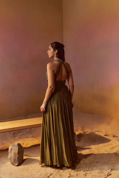 DUSTY OLIVE GREEN HALTERNECK INDOWESTER GOWN WITH HAND EMBROIDERY
