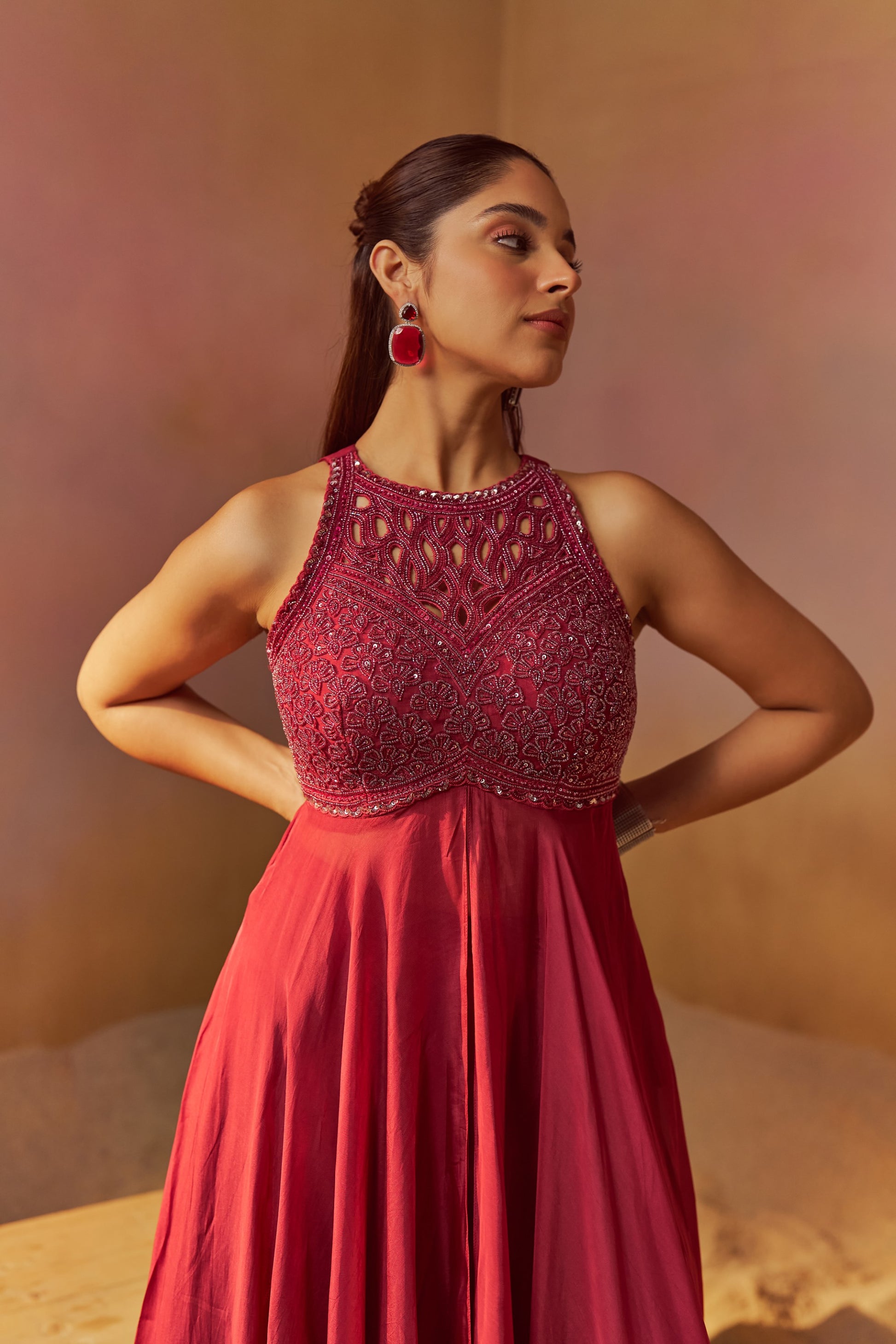 DUSTY RED INDOWESTERN WITH HAND EMBROIDERY