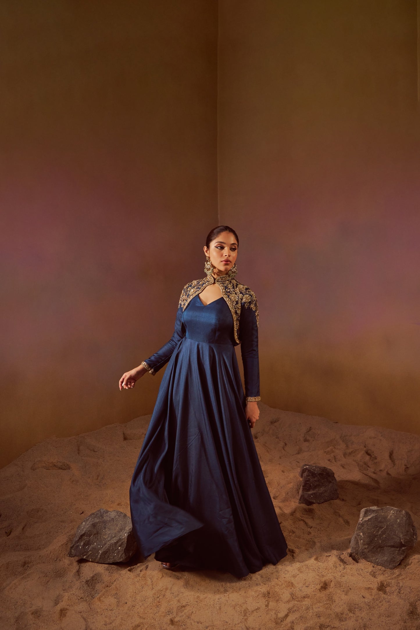 DEEP SEA BLUE GOWN WITH SEPERATE FULL SLEEVES JACKET