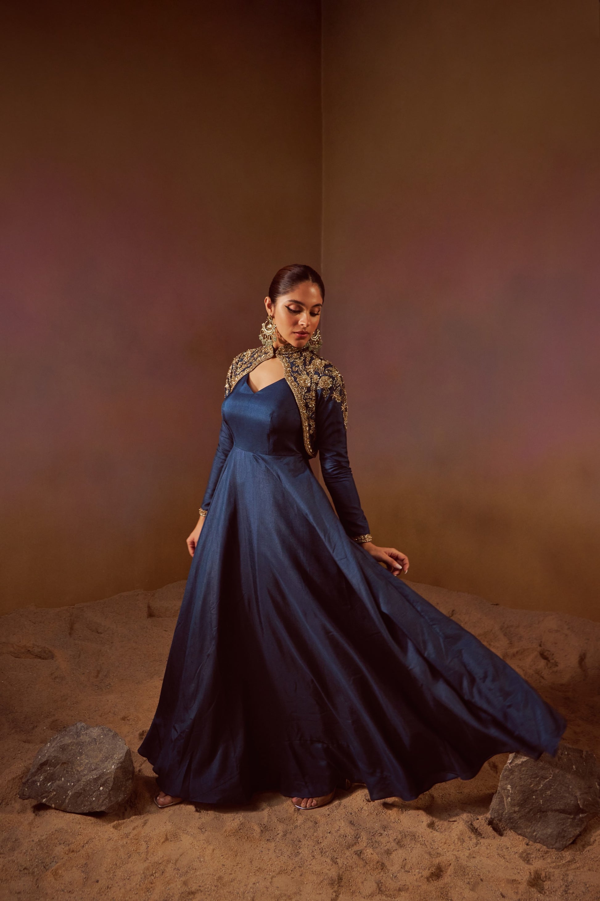 DEEP SEA BLUE GOWN WITH SEPERATE FULL SLEEVES JACKET Qunic DEEP SEA BLUE GOWN WITH SEPERATE FULL SLEEVES JACKET Qunic