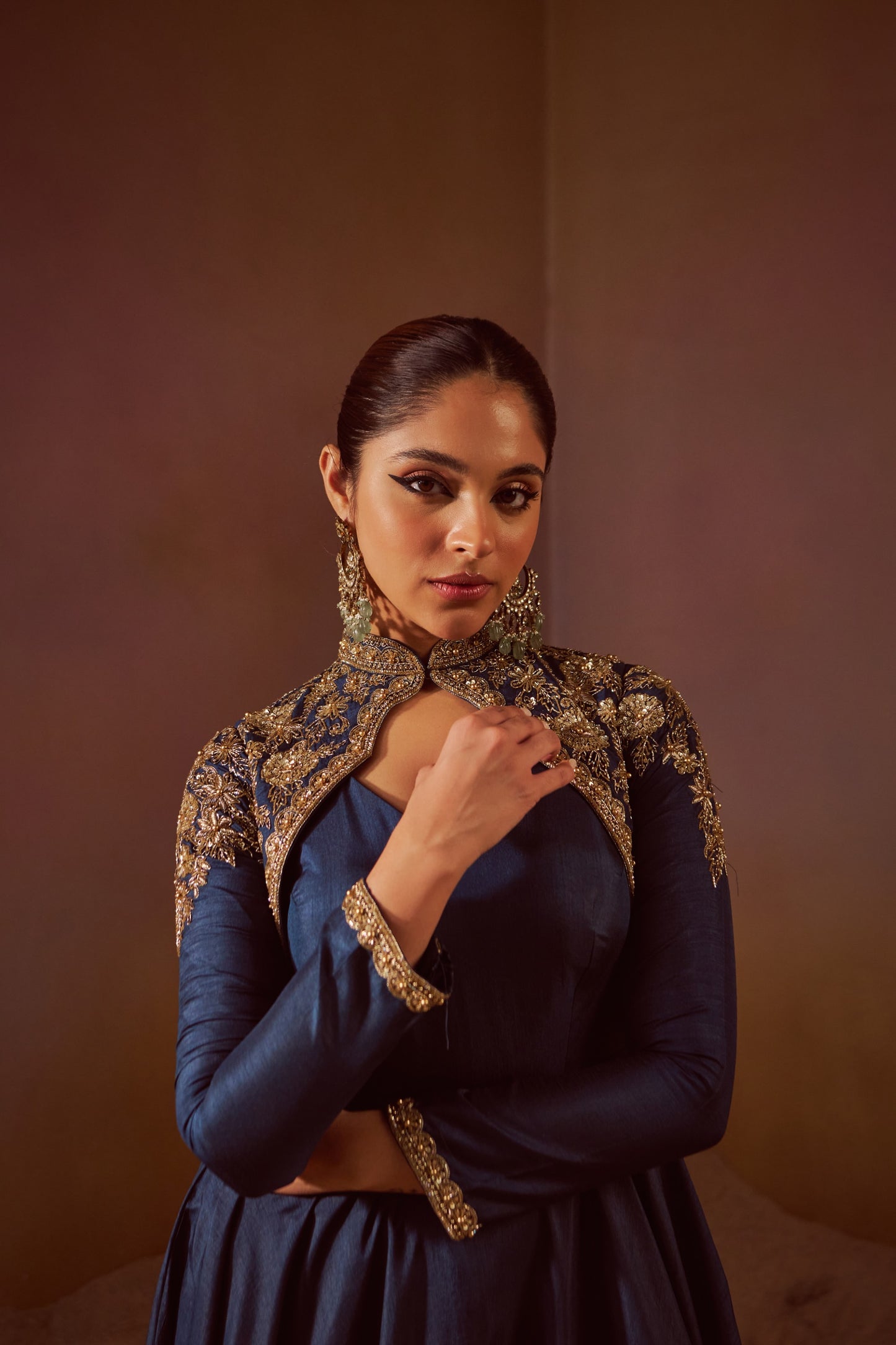 DEEP SEA BLUE GOWN WITH SEPERATE FULL SLEEVES JACKET Qunic DEEP SEA BLUE GOWN WITH SEPERATE FULL SLEEVES JACKET Qunic