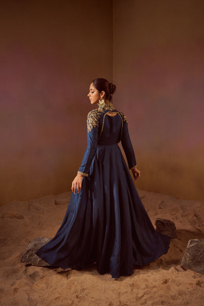DEEP SEA BLUE GOWN WITH SEPERATE FULL SLEEVES JACKET
